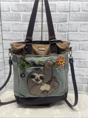 Chala Brown, Black & Green Striped Sloth Applique work Tote. Used with flaws.
